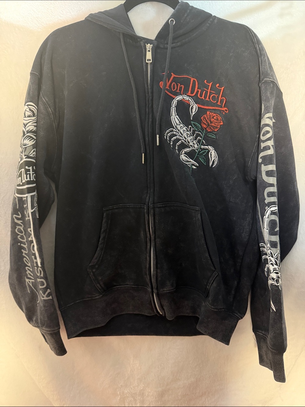 Von Dutch Black Hoodie with Red Rose & White Scorpion Graphic